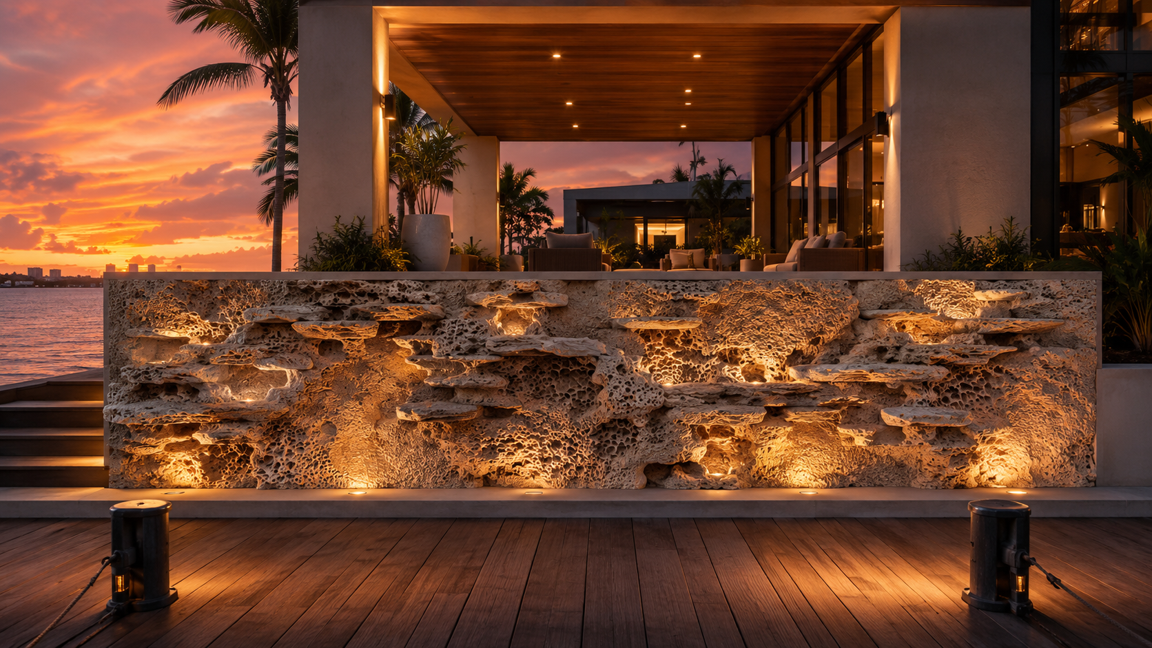 An illuminated sculptural coral stone wall at a Gregory Pascale waterfront home at sunset